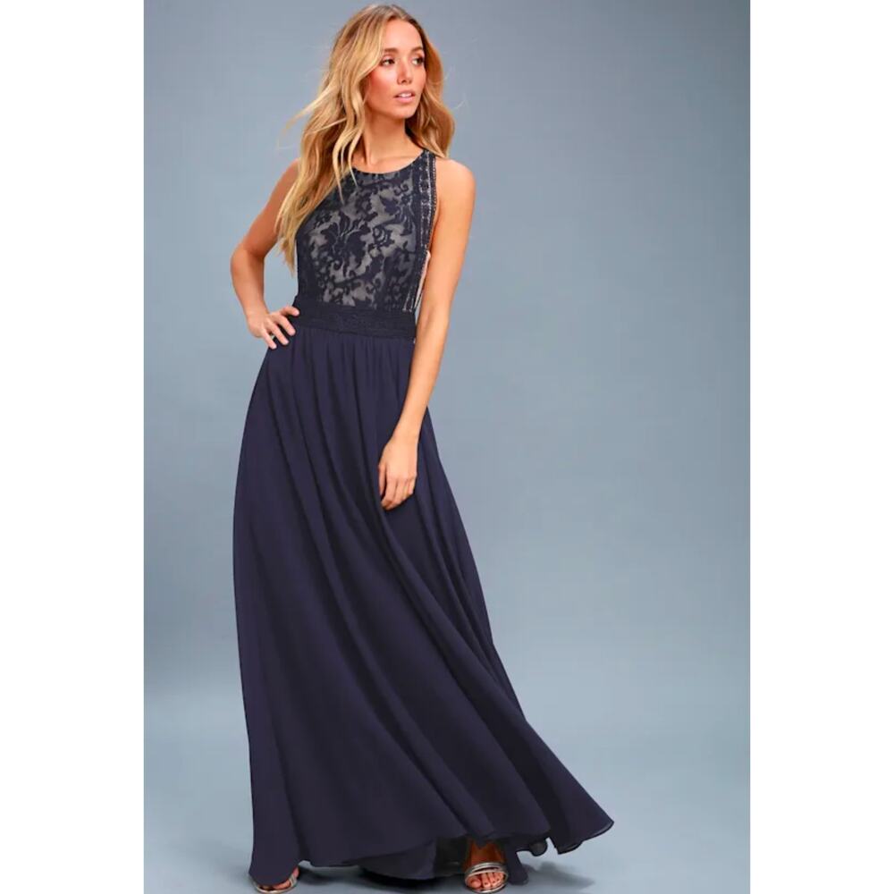 Lulu's Forever and Always Navy Blue Lace Maxi Long Dress